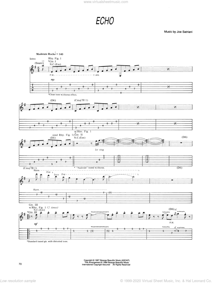 Echo sheet music for guitar (tablature) by Joe Satriani, intermediate skill level