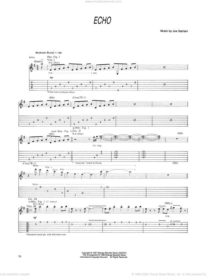 Echo sheet music for guitar (tablature) by Joe Satriani, intermediate skill level