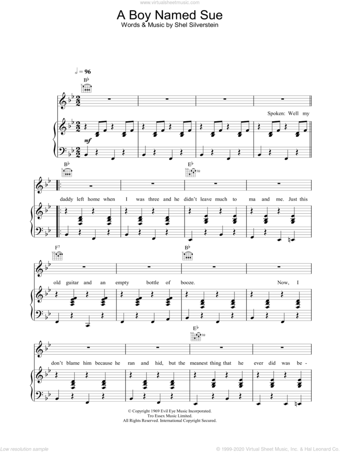 A Boy Named Sue sheet music for voice, piano or guitar by Johnny Cash and Shel Silverstein, intermediate skill level