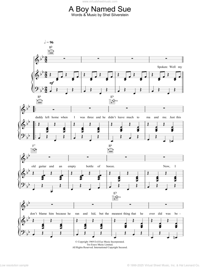 A Boy Named Sue sheet music for voice, piano or guitar by Johnny Cash and Shel Silverstein, intermediate skill level