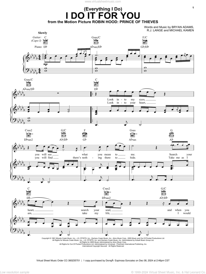 (Everything I Do) I Do It For You sheet music for voice, piano or guitar by Bryan Adams, Michael Kamen and Robert John Lange, intermediate skill level