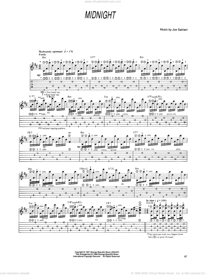 Midnight sheet music for guitar (tablature) by Joe Satriani, intermediate skill level
