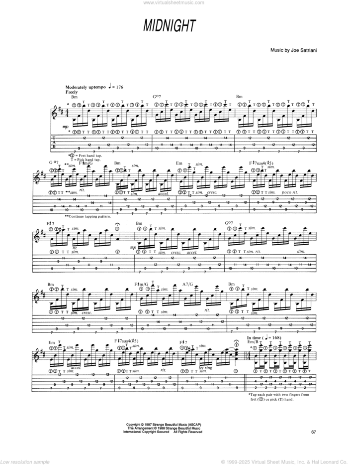 Midnight sheet music for guitar (tablature) by Joe Satriani, intermediate skill level