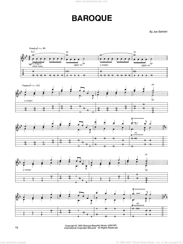 Baroque sheet music for guitar (tablature) by Joe Satriani, intermediate skill level