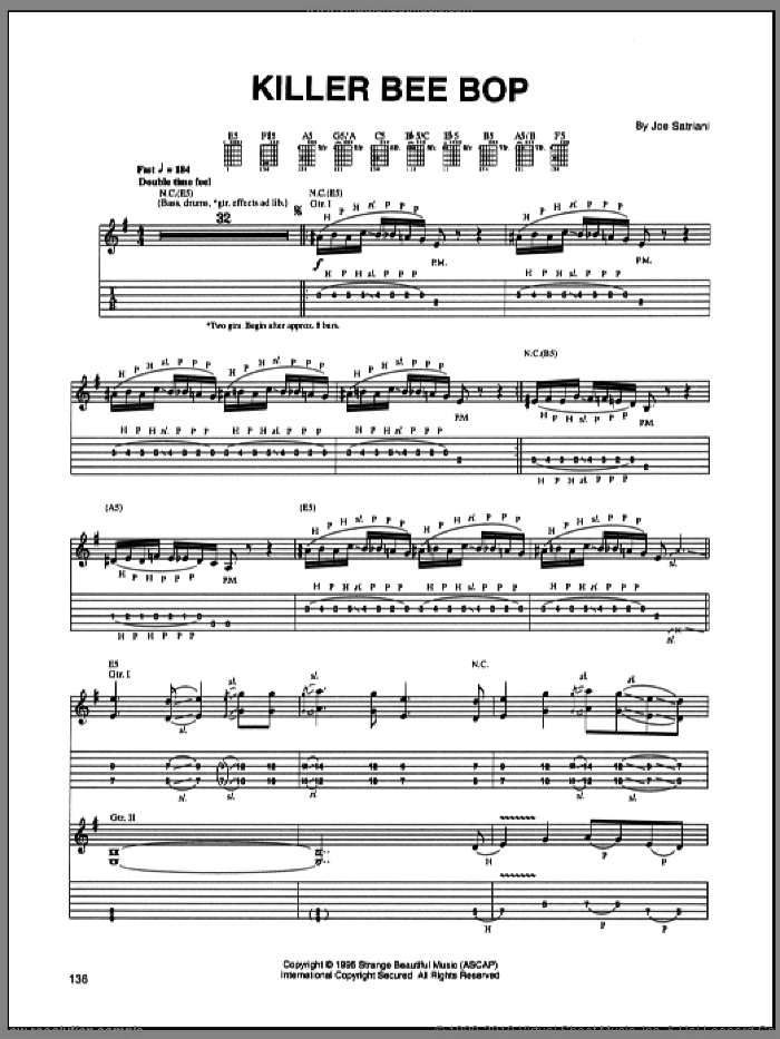 Killer Bee Bop sheet music for guitar (tablature) by Joe Satriani, intermediate skill level
