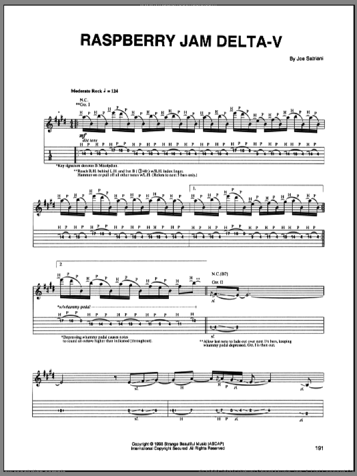 Raspberry Jam Delta-V sheet music for guitar (tablature) by Joe Satriani, intermediate skill level