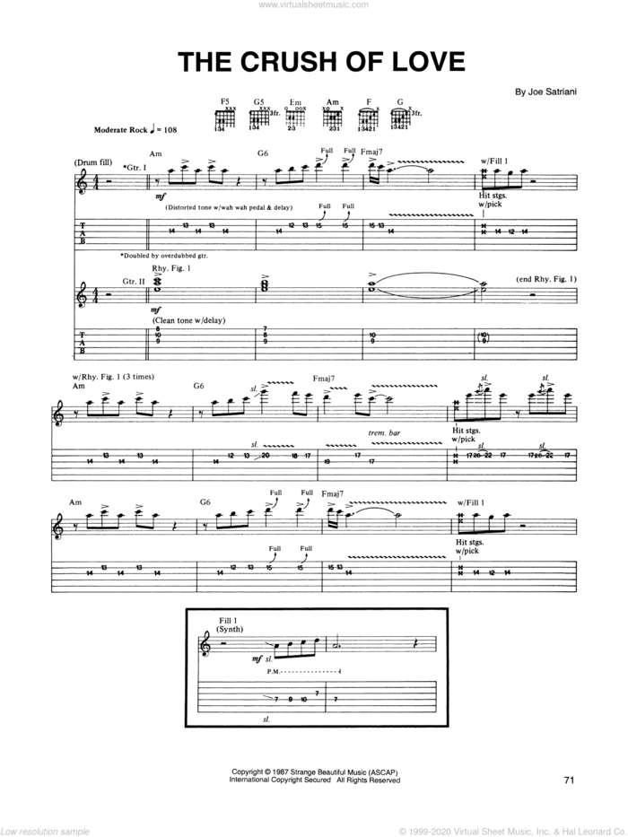 The Crush Of Love sheet music for guitar (tablature) by Joe Satriani, intermediate skill level