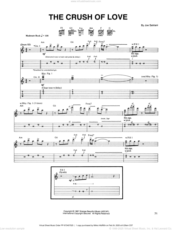 The Crush Of Love sheet music for guitar (tablature) by Joe Satriani, intermediate skill level