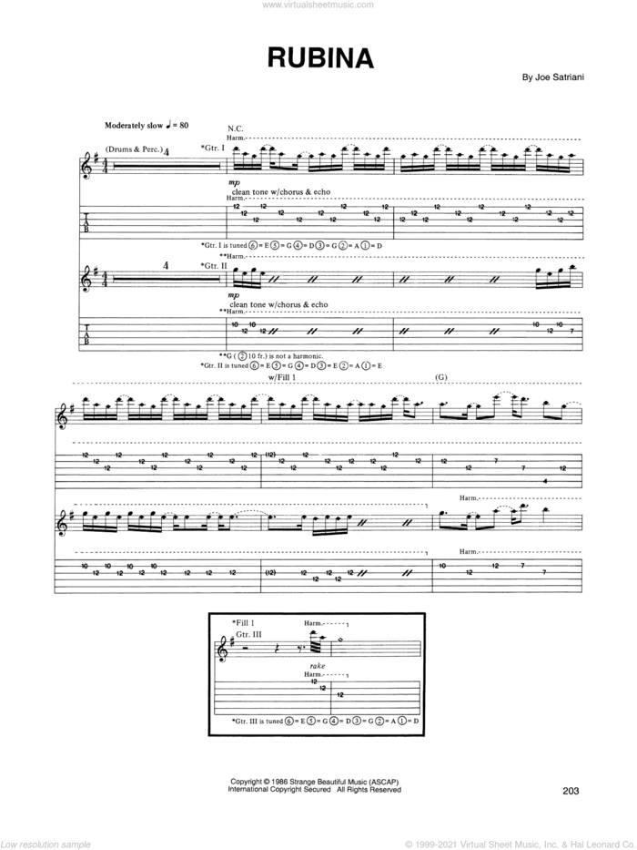 Rubina sheet music for guitar (tablature) by Joe Satriani, intermediate skill level