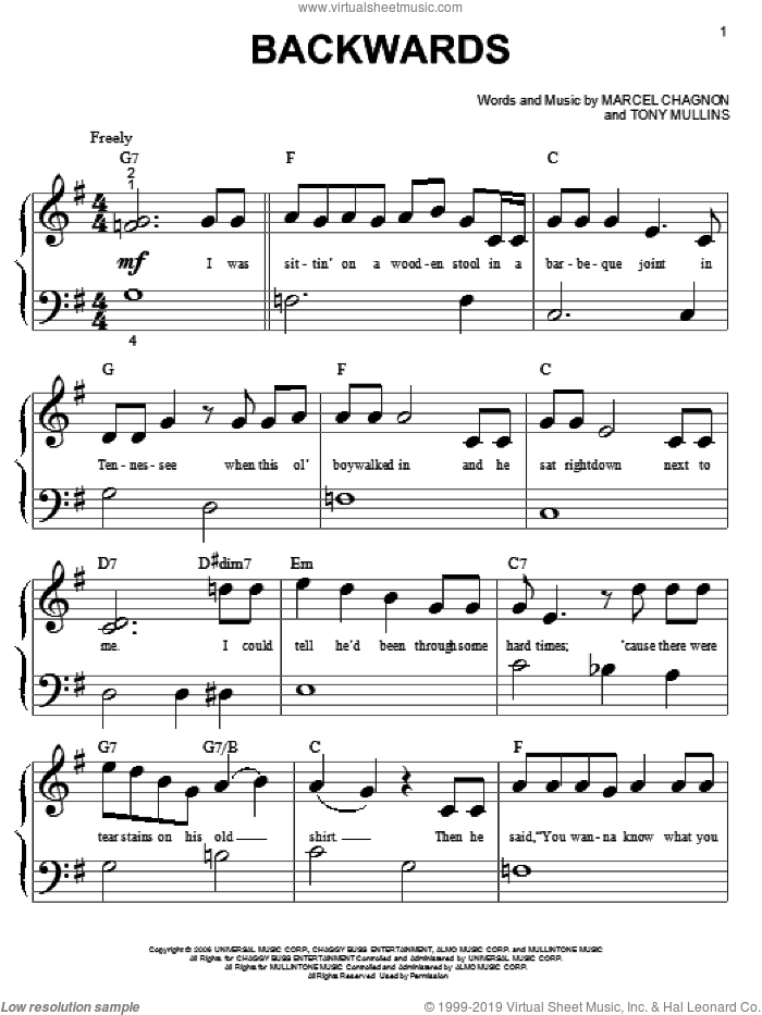 Backwards sheet music for piano solo (big note book) by Miley Cyrus, Hannah Montana, Hannah Montana (Movie), Rascal Flatts, Marcel Chagnon and Tony Mullins, easy piano (big note book)