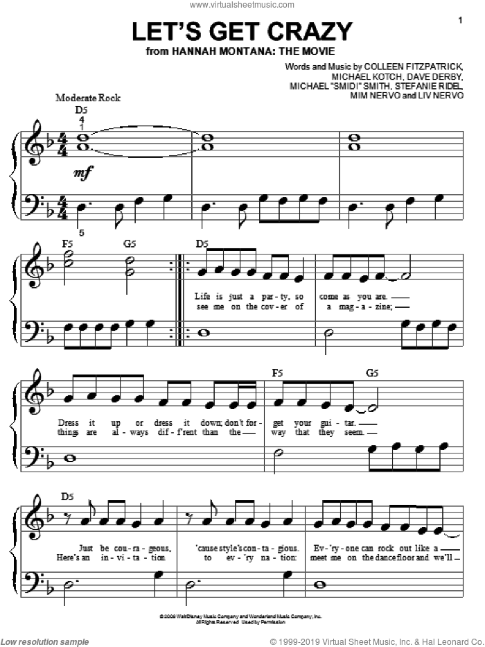 Let's Get Crazy sheet music for piano solo (big note book) by Hannah Montana, Hannah Montana (Movie), Miley Cyrus, Colleen Fitzpatrick, Dave Derby, Liv Nervo, Michael 'Smidi' Smith, Michael Kotch, Mim Nervo and Stefanie Ridel, easy piano (big note book)