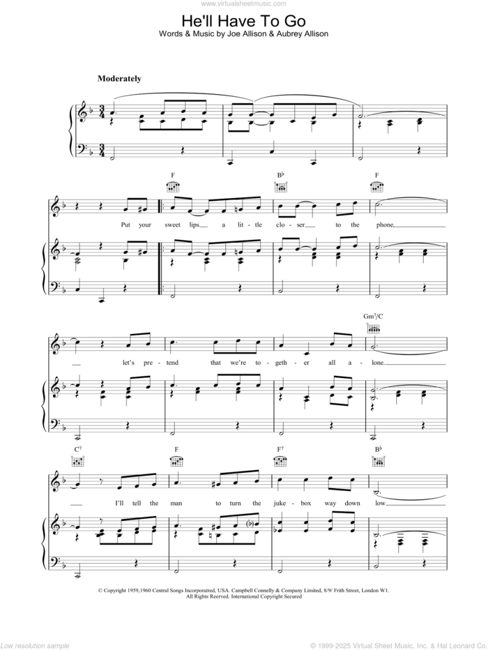 He'll Have To Go sheet music for voice, piano or guitar by Jim Reeves, Audrey Allison and Joe Allison, intermediate skill level