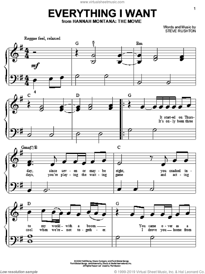 Everything I Want (from Hannah Montana: The Movie) sheet music for piano solo (big note book) by Steve Rushton and Hannah Montana (Movie), easy piano (big note book)