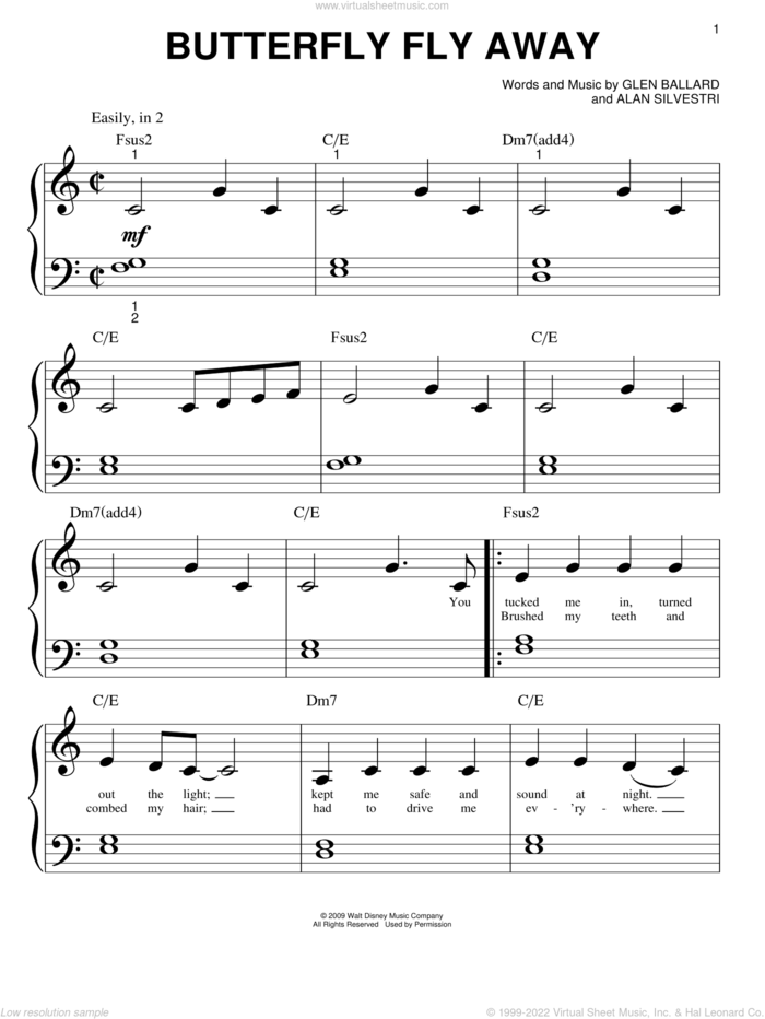 Butterfly Fly Away sheet music for piano solo (big note book) by Miley Cyrus, Hannah Montana, Hannah Montana (Movie), Alan Silvestri and Glen Ballard, easy piano (big note book)