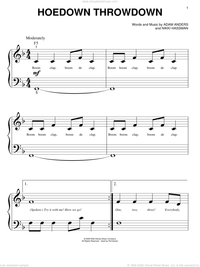 Hoedown Throwdown sheet music for piano solo (big note book) by Miley Cyrus, Hannah Montana, Hannah Montana (Movie), Adam Anders and Nikki Hassman, easy piano (big note book)