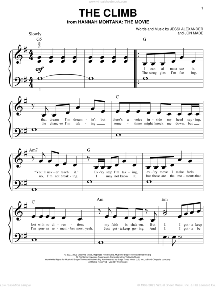 The Climb (from Hannah Montana: The Movie) sheet music for piano solo (big note book) by Miley Cyrus, Hannah Montana, Hannah Montana (Movie), Jessi Alexander and Jon Mabe, easy piano (big note book)