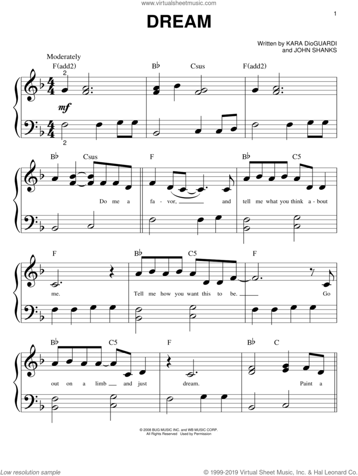 Dream sheet music for piano solo (big note book) by Miley Cyrus, Hannah Montana, Hannah Montana (Movie), John Shanks and Kara DioGuardi, easy piano (big note book)