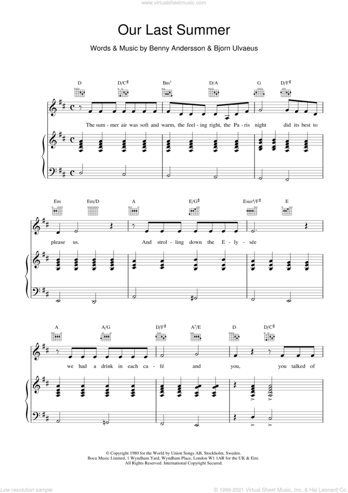 Our Last Summer sheet music for voice, piano or guitar by Benny Andersson, ABBA and Bjorn Ulvaeus, intermediate skill level
