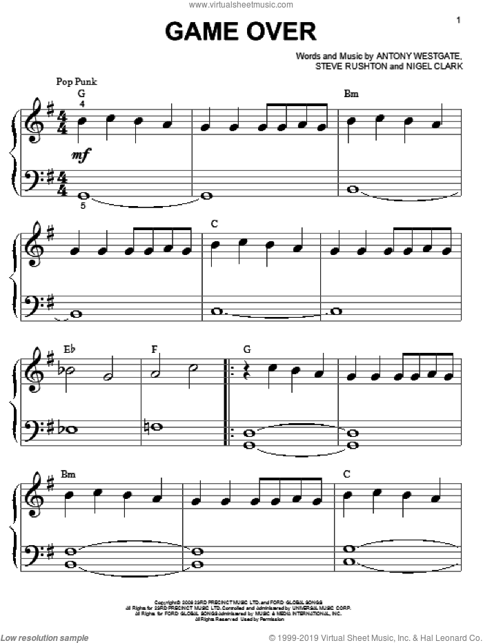 Game Over (from Hannah Montana: The Movie) sheet music for piano solo (big note book) by Steve Rushton, Hannah Montana (Movie), Antony Westgate and Nigel Clark, easy piano (big note book)