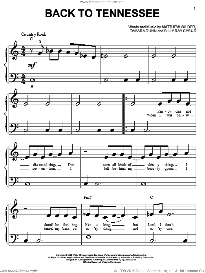 Back To Tennessee sheet music for piano solo (big note book) by Billy Ray Cyrus, Hannah Montana, Hannah Montana (Movie), Matthew Wilder and Tamara Dunn, easy piano (big note book)