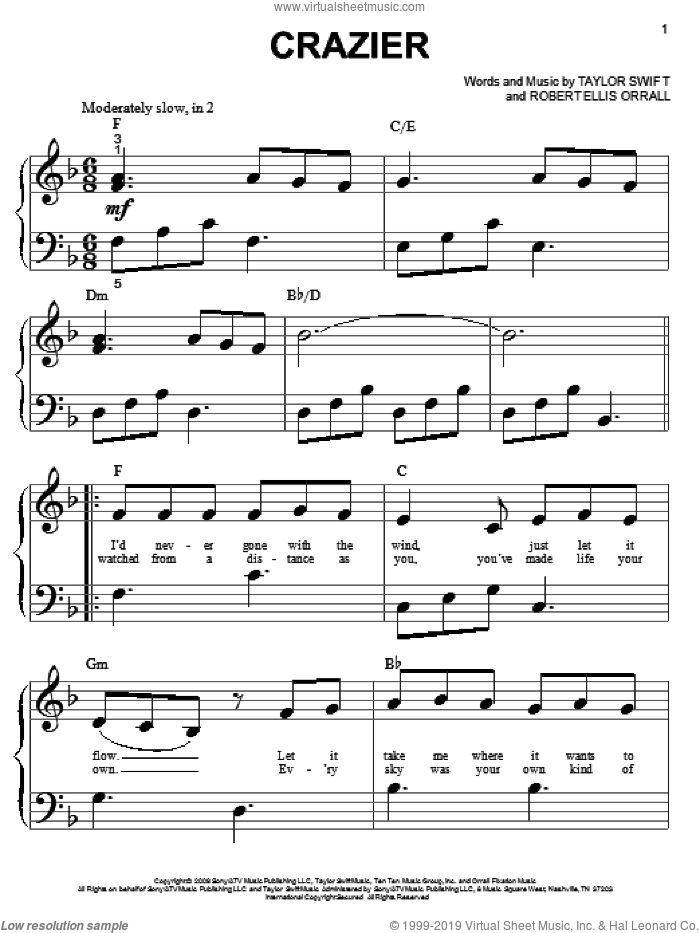 Crazier sheet music for piano solo (big note book) by Taylor Swift, Hannah Montana (Movie) and Robert Ellis Orrall, easy piano (big note book)
