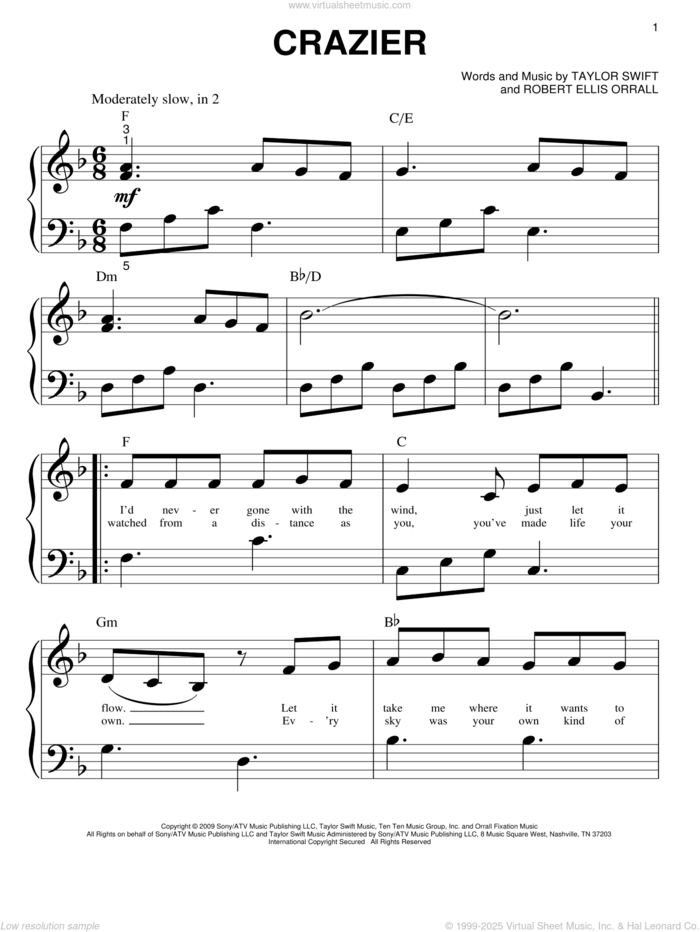 Crazier sheet music for piano solo (big note book) by Taylor Swift, Hannah Montana (Movie) and Robert Ellis Orrall, easy piano (big note book)