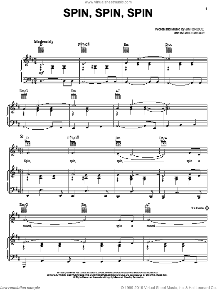 Spin, Spin, Spin sheet music for voice, piano or guitar by Jim Croce and Ingrid Croce, intermediate skill level