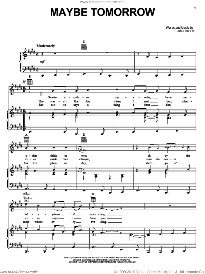 Maybe Tomorrow sheet music for voice, piano or guitar by Jim Croce, intermediate skill level