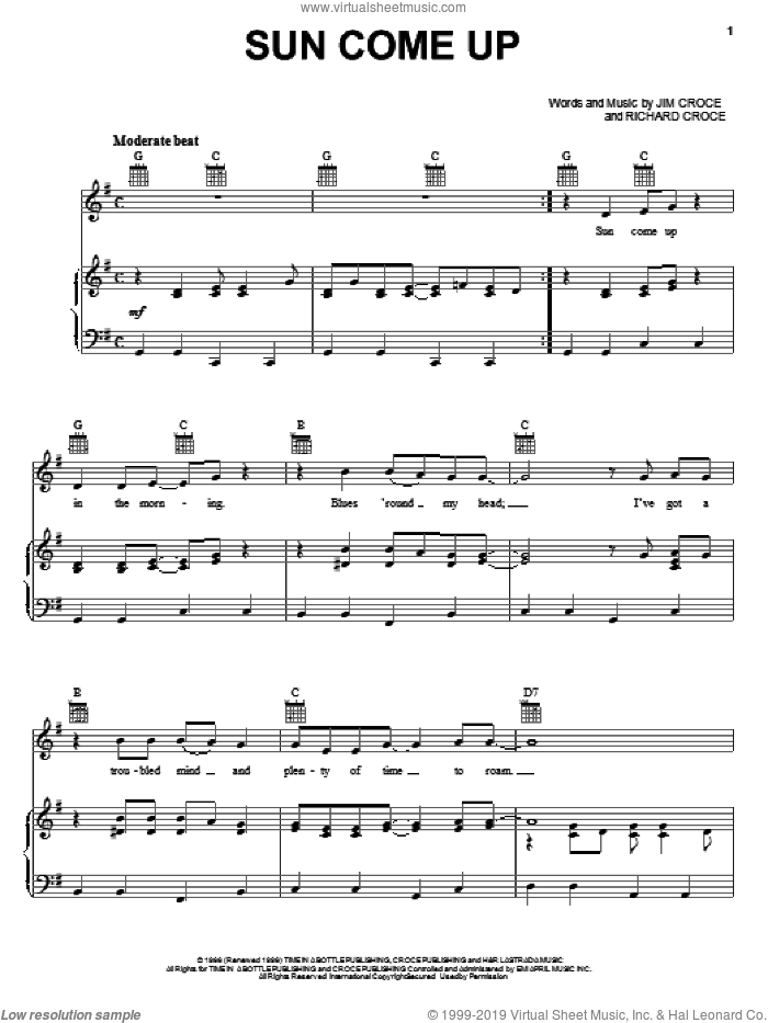 Sun Come Up sheet music for voice, piano or guitar by Jim Croce and Richard Croce, intermediate skill level