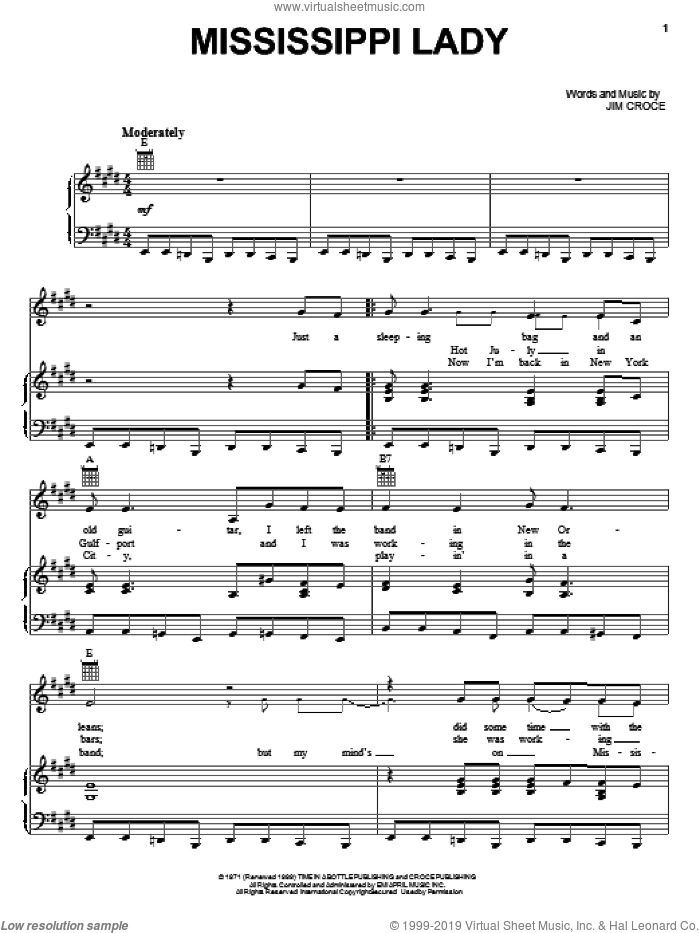 Mississippi Lady sheet music for voice, piano or guitar by Jim Croce, intermediate skill level