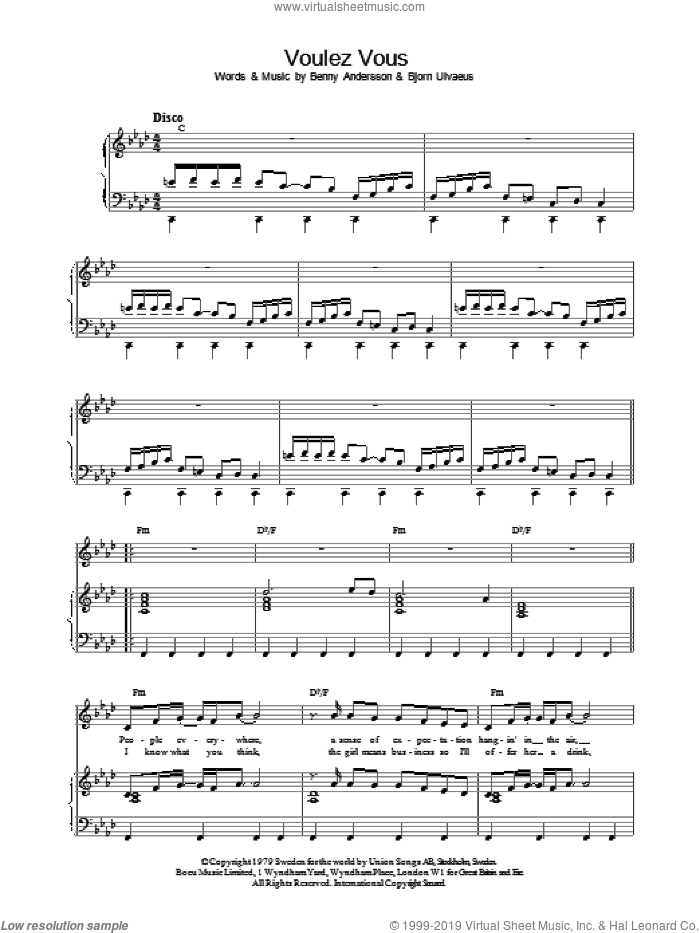 Voulez Vous sheet music for voice, piano or guitar by ABBA, intermediate skill level