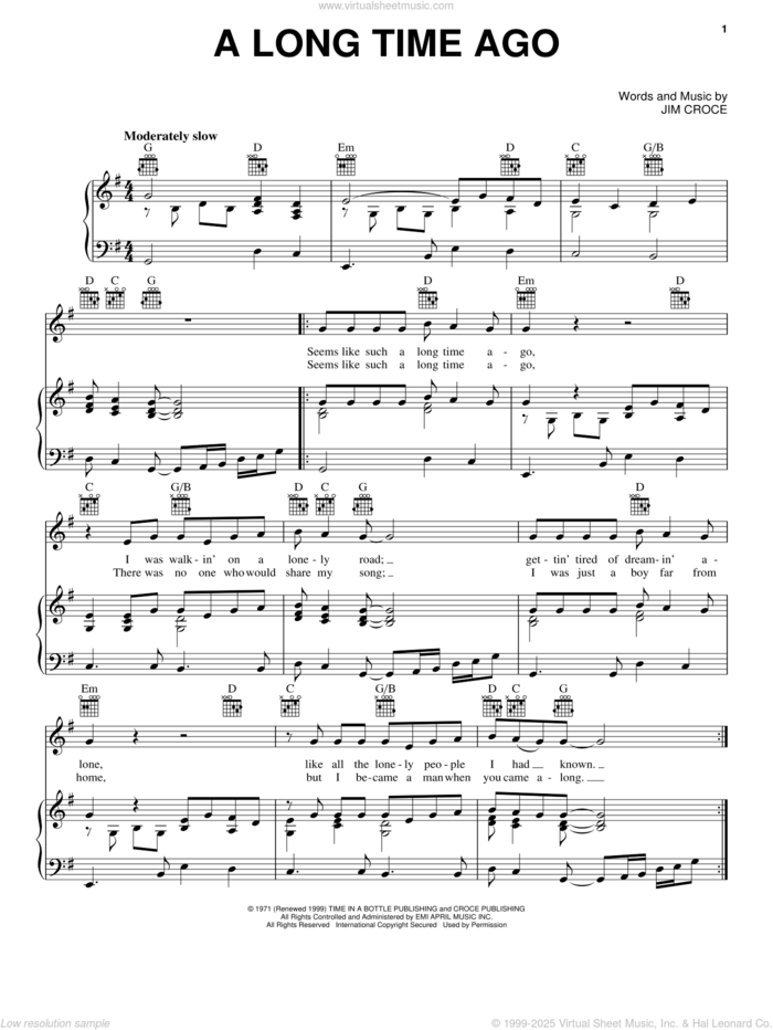 A Long Time Ago sheet music for voice, piano or guitar by Jim Croce, intermediate skill level