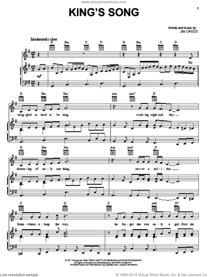 King's Song sheet music for voice, piano or guitar by Jim Croce, intermediate skill level