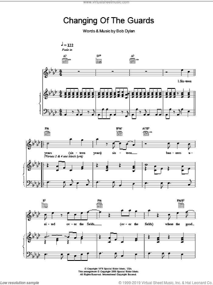 Changing Of The Guards sheet music for voice, piano or guitar by Bob Dylan, intermediate skill level