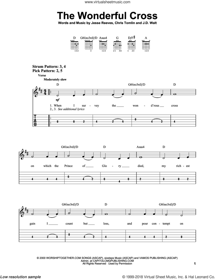 The Wonderful Cross sheet music for guitar solo (easy tablature) by Chris Tomlin, Phillips, Craig & Dean, J.D. Walt and Jesse Reeves, easy guitar (easy tablature)