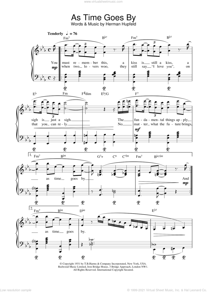 As Time Goes By sheet music for voice and piano by H Hupfeld, intermediate skill level