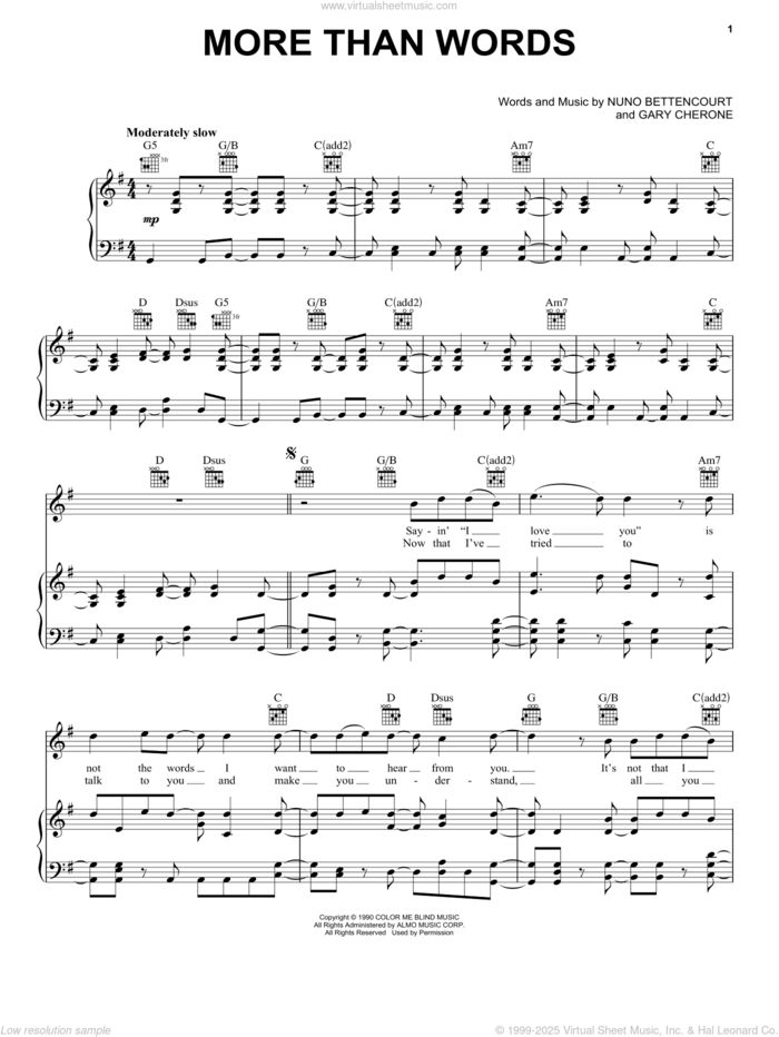 More Than Words sheet music for voice, piano or guitar by Extreme, Rock Of Ages (Musical), Gary Cherone and Nuno Bettencourt, wedding score, intermediate skill level