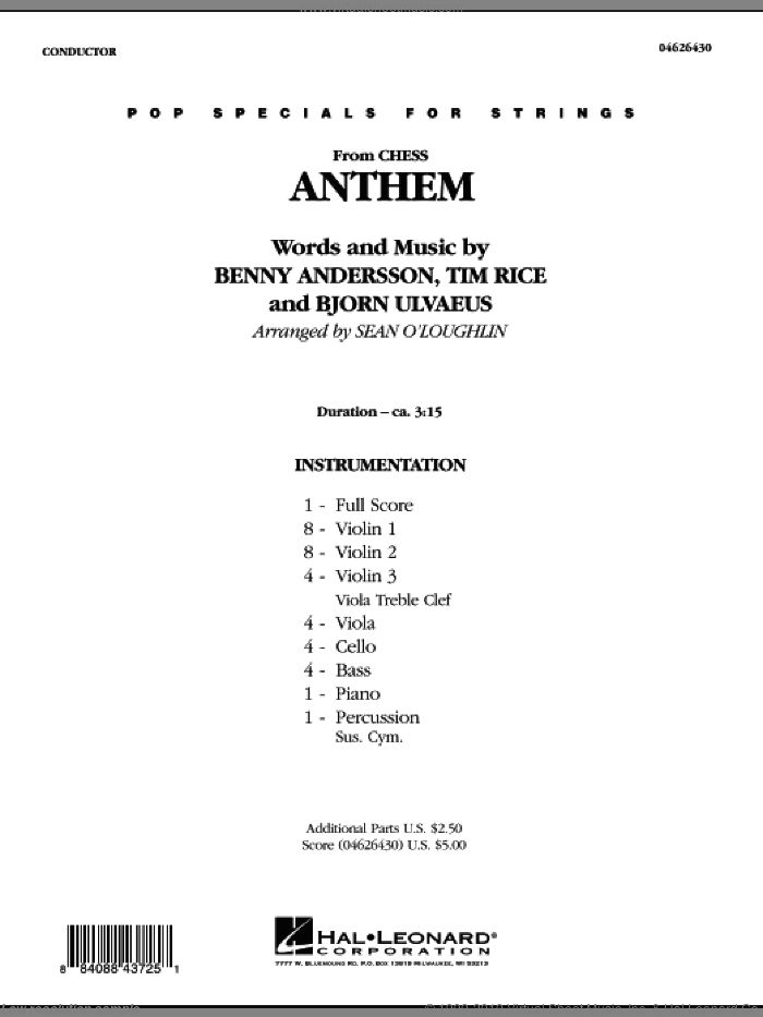 Anthem (from 'Chess') (COMPLETE) sheet music for orchestra by Tim Rice, Benny Andersson, Bjorn Ulvaeus, Josh Groban and Miscellaneous, intermediate skill level