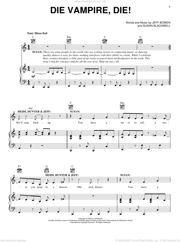 Die Vampire, Die! sheet music for voice, piano or guitar by Jeff Bowen, title of show (Musical), [title of show] (Musical) and Susan Blackwell, intermediate skill level