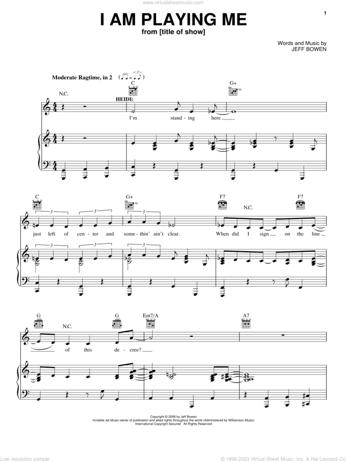 I Am Playing Me sheet music for voice, piano or guitar by Jeff Bowen, title of show (Musical) and [title of show] (Musical), intermediate skill level