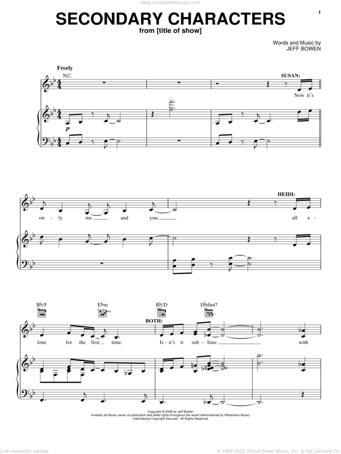 Secondary Characters sheet music for voice, piano or guitar by Jeff Bowen, title of show (Musical) and [title of show] (Musical), intermediate skill level