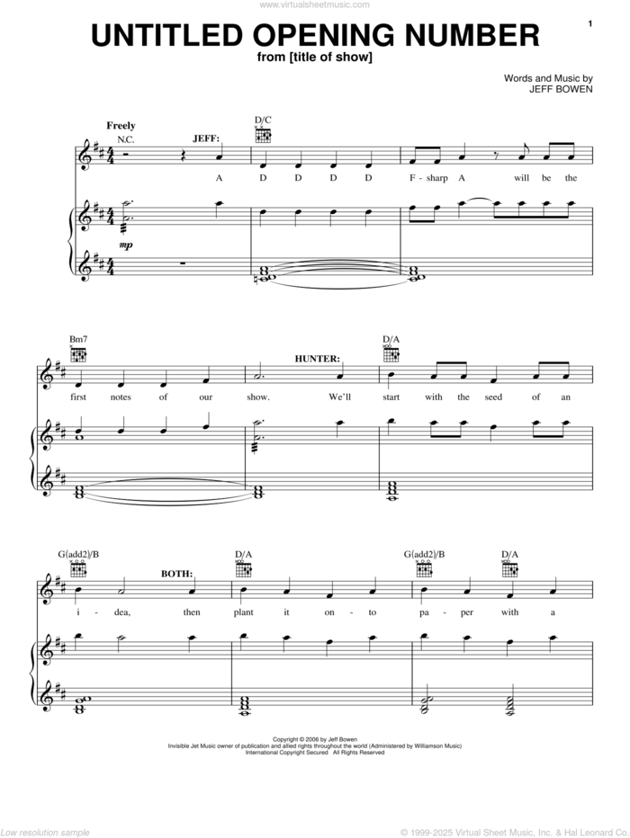 Untitled Opening Number sheet music for voice, piano or guitar by Jeff Bowen, title of show (Musical) and [title of show] (Musical), intermediate skill level