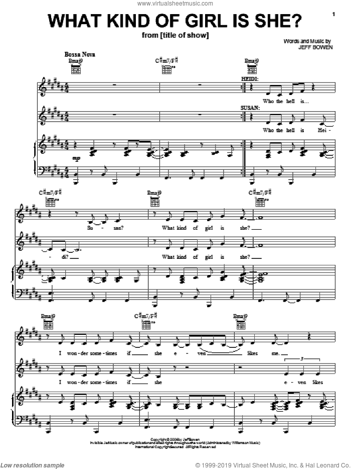 What Kind Of Girl Is She? sheet music for voice, piano or guitar by Jeff Bowen, title of show (Musical) and [title of show] (Musical), intermediate skill level