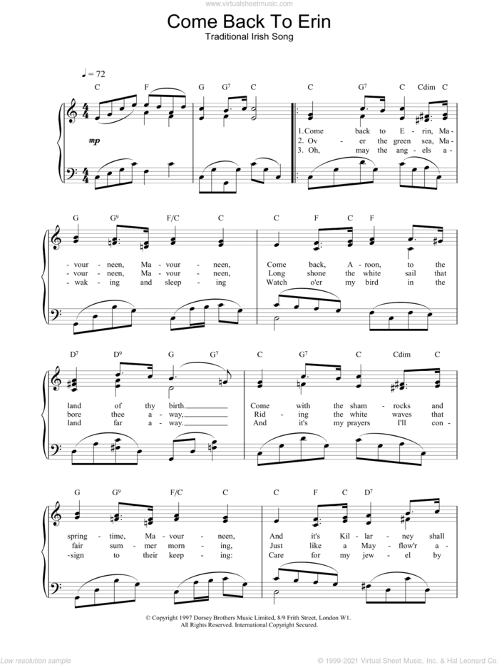 Come Back To Erin sheet music for voice, piano or guitar, intermediate skill level