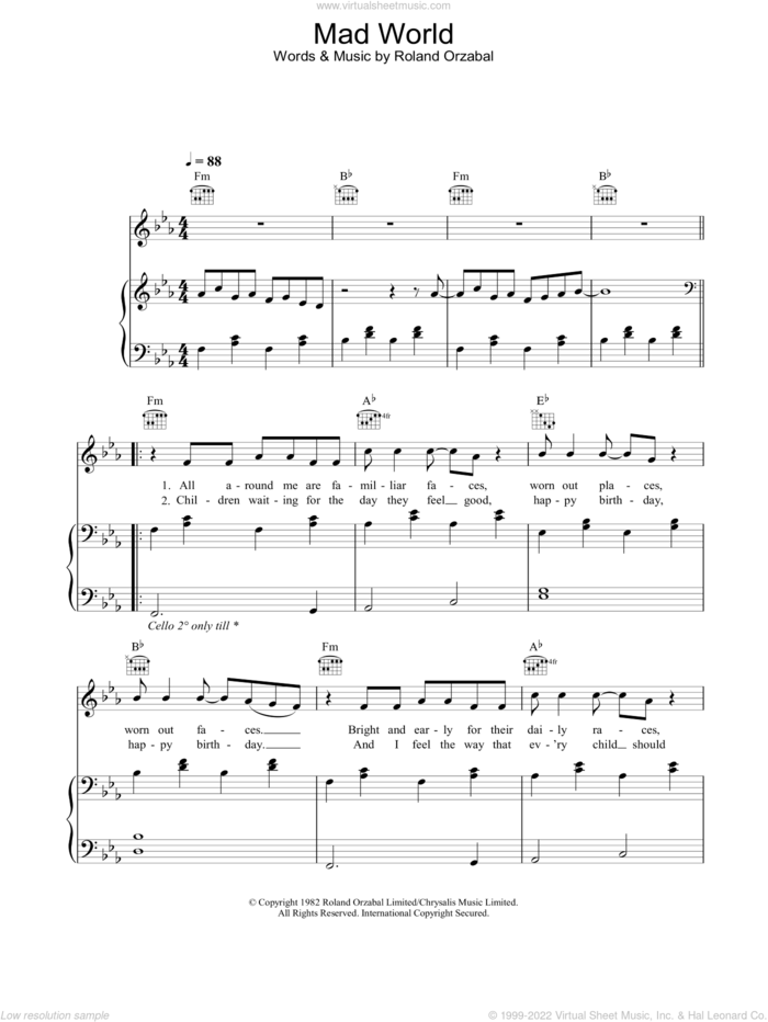 Mad World sheet music for voice, piano or guitar by Michael Andrews featuring Gary Jules, Gary Jules, Michael Andrews, Tears For Fears and Roland Orzabal, intermediate skill level