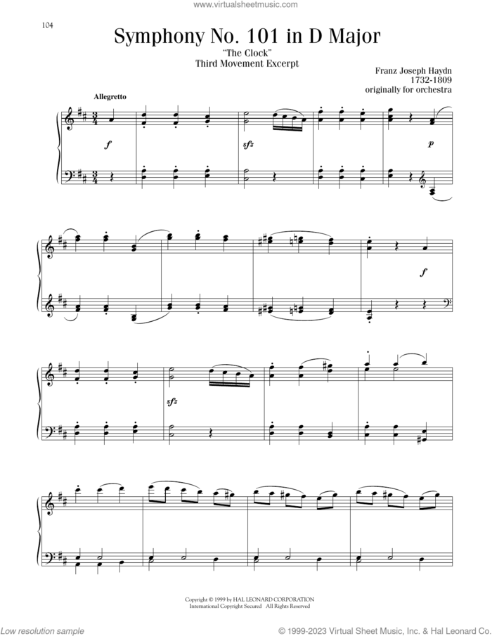 Symphony No. 101 ('The Clock'), Third Movement Excerpt sheet music for piano solo by Franz Joseph Haydn, classical score, intermediate skill level