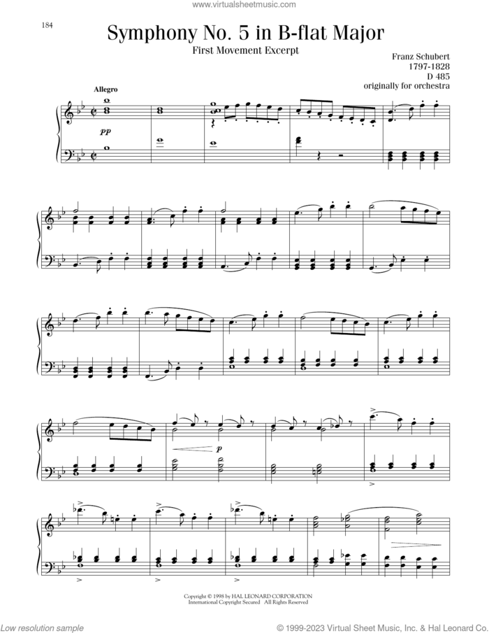 Symphony No. 5 in B-flat Major, First Movement Excerpt sheet music for piano solo by Franz Schubert, classical score, intermediate skill level