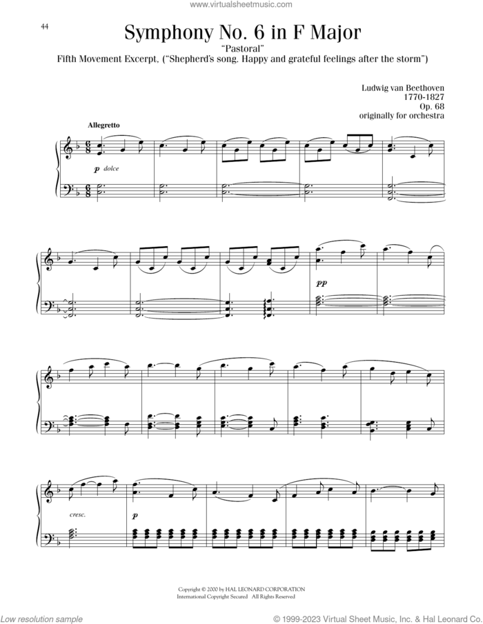 Symphony No. 6, Fifth Movement sheet music for piano solo by Ludwig van Beethoven, classical score, intermediate skill level