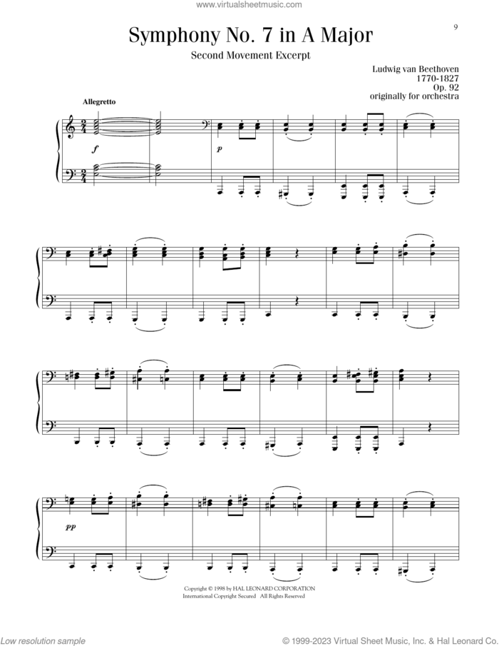 Symphony No. 7 In A Major, Second Movement (Allegretto), (intermediate) sheet music for piano solo by Ludwig van Beethoven, classical score, intermediate skill level