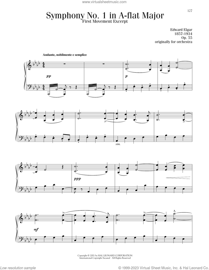 Symphony No. 1 In A Flat Major, 1st Movement sheet music for piano solo by Edward Elgar, classical score, intermediate skill level
